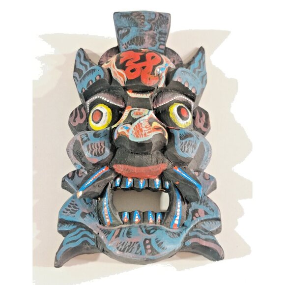 Chinese / Tibetan Vtg Dragon Wizard Hand Carved Wood & Painted Prayer Mask Decor - Picture 1 of 14